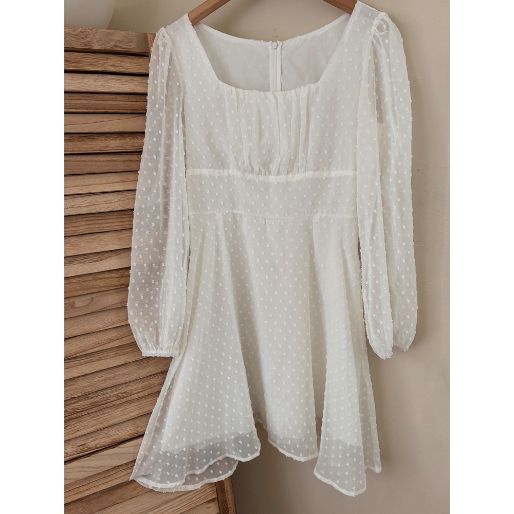 Lyaner White Swiss Dot Mini Dress Square Neck Long Sleeve Ruched Bust Size M